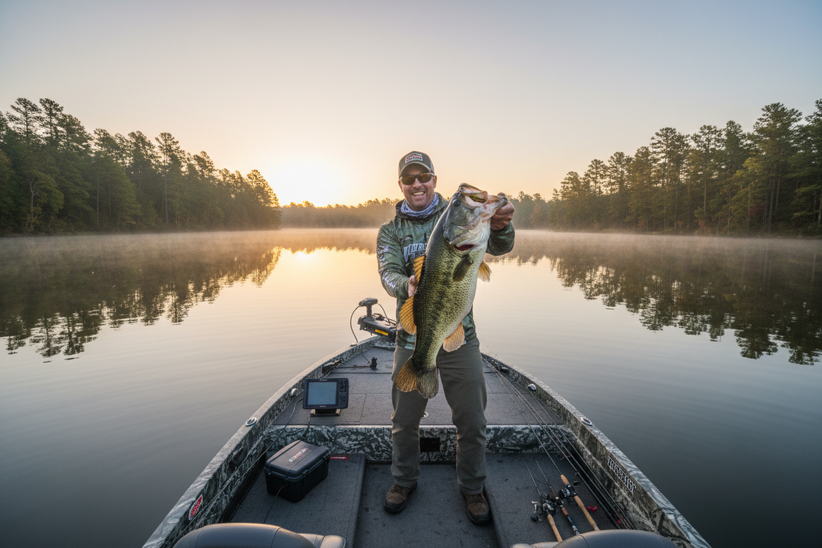 Angler holding a large bass on a boat at sunrise